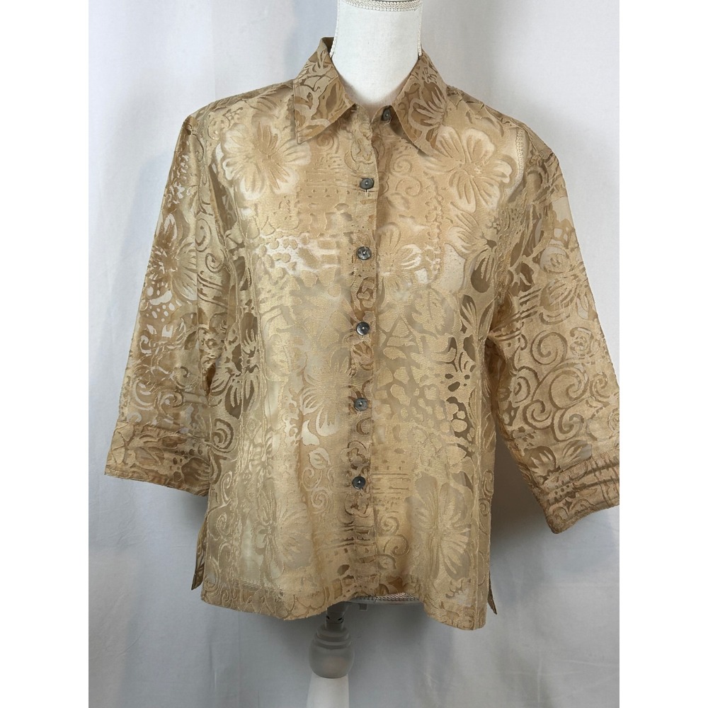West End Sheer Burnout Floral Blouse Women Size M Tan Gold Good 3/4 Sleeve Linen